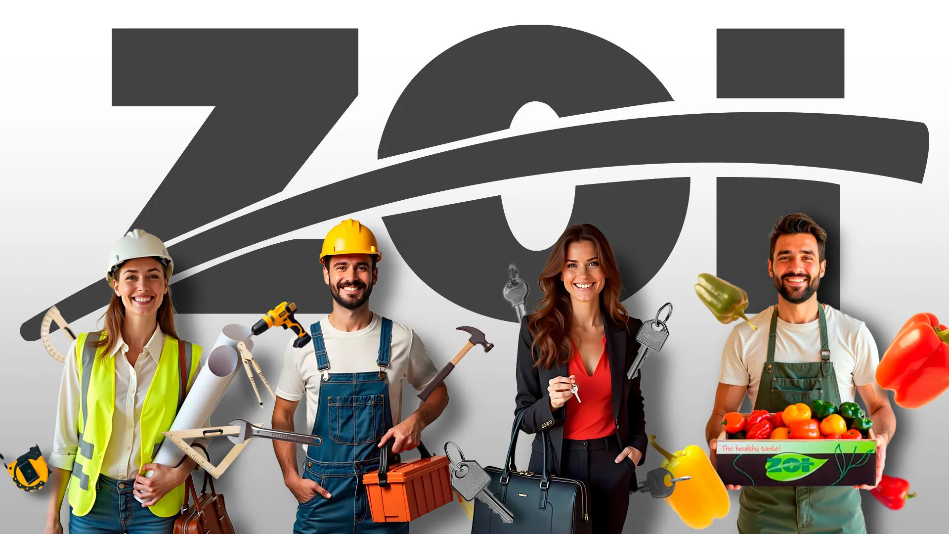El equipo de Grupo ZOI: arquitecta, operario de construcción, agente inmobiliaria y agricultor