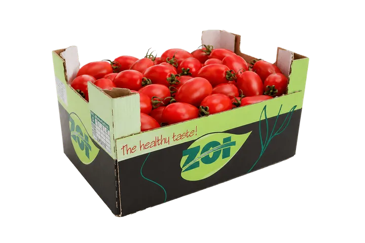 Tomate Pera: caja ZOI, vista lateral